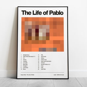 May include: A minimalist poster featuring a pixelated image of a person's face in shades of orange and brown. The poster is titled "The Life of Pablo" and includes a list of song titles from the album.