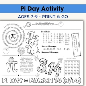 Activité à imprimer de mathématiques pour les enfants du Jour de la Pi, fiche d'exercices pour les jeunes débutants, centre de mathématiques sans préparation, jeu pour la classe du 14 mars aux 2e et 3e années, casse-tête code secret