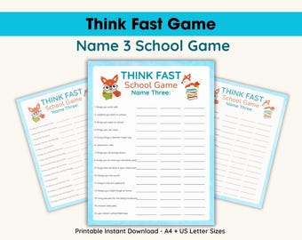 Juego de Pensar Rápido para la Vuelta al Cole – Nombra 3 Actividad para el Aula – Juego Imprimible para Grupos Infantiles – Rompehielos para Clase, Educación en Casa, Inglés como Segundo Idioma, Descanso Mental