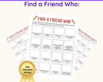 Juego rompehielos "Encuentra un amigo" - Hojas de trabajo imprimibles de búsqueda del tesoro para niños, 3 páginas, actividad para el primer día de clases, aula, campamento, fiesta.