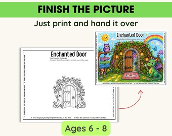 Completa la hoja de trabajo con imágenes para niños, Puerta encantada, Actividad con sugerencias para dibujar, Imprimible de arte para quienes terminan rápido, Desafío de dibujo creativo