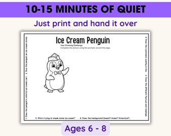 Juego para combatir el aburrimiento infantil, de 10 a 15 minutos (Completa el dibujo, de 6 a 8 años, actividad de restaurante sin preparación) Desafío de dibujo del pingüino con helado