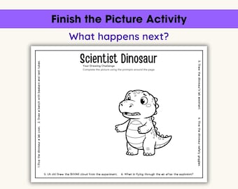 Completa la hoja de trabajo de dibujo para niños, actividad con sugerencias de dibujo, imprimible de arte imaginativo, desafío de dibujo creativo, dinosaurio científico