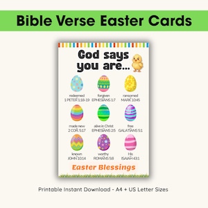 Könnte beinhalten: Eine druckbare Osterkarte mit dem Text "Bible Verse Easter Cards" oben. Die Karte zeigt bunte Ostereier mit Bibelversen und dem Satz "Gott sagt, du bist..."