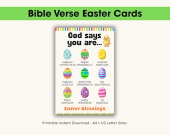 Tarjetas cristianas de Pascua imprimibles para niños, versículos bíblicos de Pascua, tarjetas con las Escrituras "Dios dice que eres", Pascua para la escuela dominical, aula cristiana