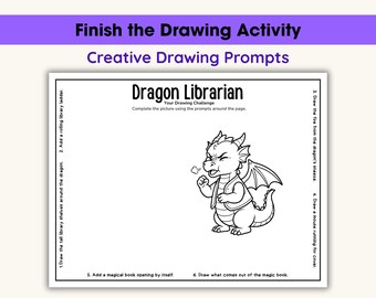 Completa la hoja de trabajo de dibujo para niños, actividad con sugerencias para dibujar, lámina de arte para quienes terminan rápido, desafío de dibujo creativo, bibliotecario dragón