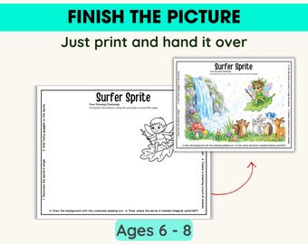 Actividad de fantasía con sugerencias de duendes surfistas, imprimible de arte creativo para niños (descarga digital), completa la imagen.