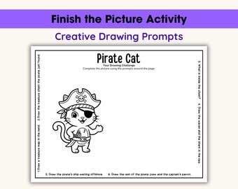 Completa la hoja de trabajo de dibujo para niños, actividad con sugerencias de dibujo, imprimible de arte para quienes terminan rápido, desafío de dibujo creativo, gato pirata