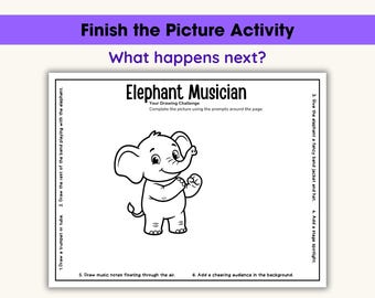 Completa la hoja de trabajo de dibujo para niños, actividad de sugerencias creativas para dibujar, imprimible de arte para quienes terminan rápido, desafío de dibujo, elefante músico