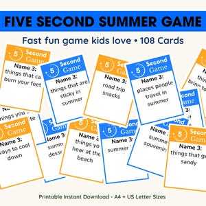May include: A collection of game cards with the title "FIVE SECOND SUMMER GAME". The cards are orange and blue, with prompts like "things that get sandy" and "things that are sticky in summer". The game includes 108 cards.