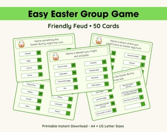 Juego de Pascua "Friendly Feud" imprimible, juego grupal para niños y adultos, divertido juego de fiesta, actividad para el aula, juegos de Pascua, 50 tarjetas en PDF para descargar