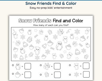Página de actividades de invierno para niños: Encuentra y colorea animales de nieve, hoja para colorear "Veo veo", actividad invernal imprimible para edades de 5 a 8 años, tamaño A4 y PDF (carta de EE. UU.)