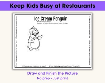 Mantén a los niños entretenidos en los restaurantes: actividad de dibujo de pingüinos con helado (sin preparación, edades de 6 a 8 años), completa el dibujo.