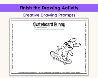 Hoja de trabajo para niños: "Termina la imagen", actividad con indicaciones de dibujo, imprimible para quienes terminan temprano, desafío de dibujo creativo, conejito en patineta
