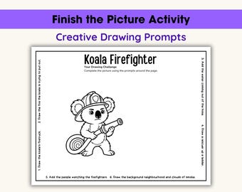 Completa la hoja de trabajo de dibujo para niños, actividad con sugerencias para dibujar, lámina de arte para quienes terminan rápido, desafío de dibujo creativo, bombero koala
