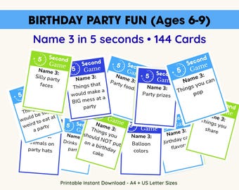 Juego de 5 segundos para fiestas de cumpleaños infantiles (de 6 a 9 años), 144 tarjetas + 6 modos de juego, juego de fiesta imprimible, actividad fácil y con poca preparación, PDF en formato A4 y Carta estadounidense.