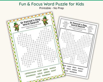 Sopa de letras imprimible del Día de San Patricio – Hoja de actividades navideñas para niños con clave de respuestas – Juego para el aula – Tamaño A4 y carta de EE. UU. – Color + ahorro de tinta