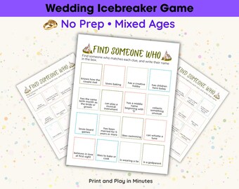 Juego para romper el hielo en bodas (imprimible), juego "Encuentra a alguien que...", actividad para despedida de soltera, juego para la recepción, iniciador de conversación, juego para fiestas sin preparación.