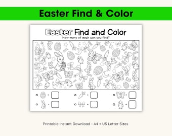 Hoja de trabajo imprimible para buscar y colorear huevos de Pascua para niños, hoja de actividades de búsqueda de huevos de Pascua, juego de primavera para el aula, conteo matemático de pollitos de conejo (PDF)
