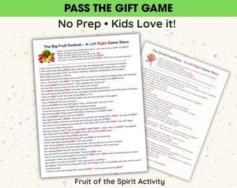 Juego de la Fruta del Espíritu (izquierda/derecha) para niños, juego bíblico para fiestas, actividad para la escuela dominical, juego de pasar el regalo (sin preparación).