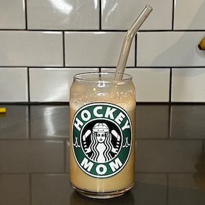 Hockey Mom 16oz Can Glass, Hockey Starbucks, Iced Coffee Glass, Hockey Player Gift, Hockey Mom Gift, Glass Straw Iced Coffee Cup Hockey Gift