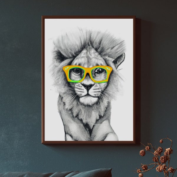 Lion Wall Art Animal Print Baby Shower Gift Nursery Decor Kids Poster Safari Wall Lion With Glasses