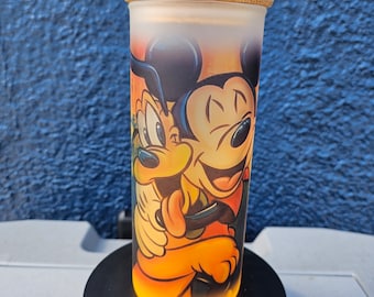 Mickey and Pluto Frosted Orange Glass Tumbler | Mickey Mouse GlassTumbler | Disney Tumbler | Pluto Tumbler