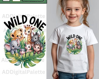 Wild One Safari PNG, Wild One Frontal T-Shirt PNG Design, Kids Birthday, Digital DTF Transfer, 1st Birthday Sublimation Design