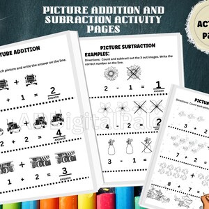 Picture Addition and Subtraction Activity Worksheets, 10 Digital Download Worksheets, Printable Worksheets
