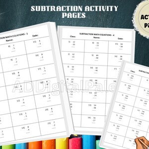 Twenty (20) Subtraction Activity Worksheets, Subtraction Digital Download Worksheets, Math Printable Worksheets