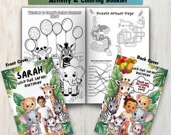 Angepasstes Safari-Tiere Geburtstags-Malbuch, personalisiertes druckbares Kindergeburtstag-Aktivitätenbuch - individuelle Malseiten von Ihrem Foto
