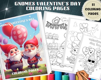 May include: A collection of Valentine's Day coloring pages featuring gnomes. The cover art shows two gnomes holding balloons. The text on the cover reads "GNOMES VALENTINE'S DAY COLORING PAGES". The image also includes a sticker that says "51 COLORING PAGES".