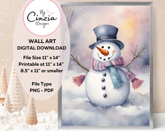 Snowman Wall Art, Printable Christmas Art, Pastel Gray Pink Watercolor Art, Holiday Wall Print, Christmas Decoration Snowman Png Image
