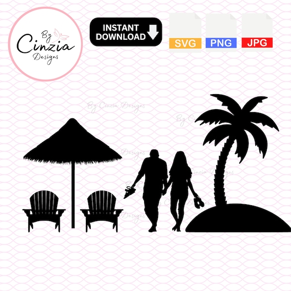 Couple on the Beach Silhouette Svg, Beach Svg, Woman and Man Svg Png, Hand in Hand Svg, Palm Tree Svg, Sublimation Design for Mugs, Tote Bag