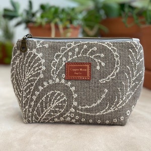 Ella Bag in Grey Paisley Crewel work design - grey white makeup bag, floral clutch, luxury cosmetic bag ,for ladies gift pretty zipper pouch