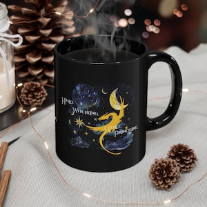 Hello Witchling Hello Princeling Throne of Glass 11 oz black mug, the heart-thumping Manon & Dorian greeting from Sarah J Maas' series