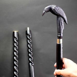 Raven Head Walking Stick Hand-Carved Wooden Cane Black Spiral Shaft Detachable 3-Part Cane Gothic Bird Handle Gift for Him