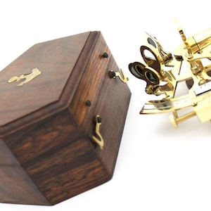 Vintage Brass Sextant with Wooden Box Maritime Navigation Instrument Nautical Decor Antique Astrolabe Gift for Men & Collectors