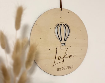 Name plate with birth data made of wood, personalized gift for birth, gift for baptism, children's room decoration, hot air balloon
