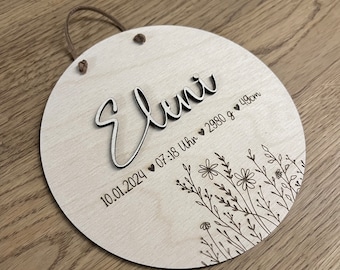 Name plate with birth details made of wood personalized gift for birth gift for baptism children's room decoration