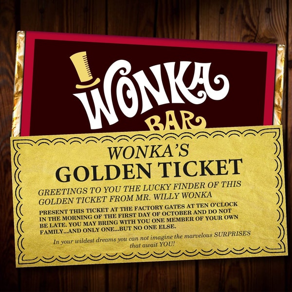 Billet d'or modifiable - Modèle imprimable - Fournitures de fête Willy Wonka - Emballage de barre Wonka inclus - Convient à Hershey XL 4.4oz