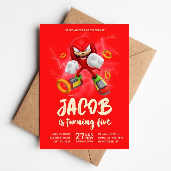 Editable Knuckles Birthday Invitation - Sonic Party Invite Template - Printable Birthday Card - Instant Access
