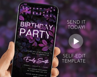 Invitation de fête d'anniversaire numérique - Neon Purple Leaves Mobile Invite - Electronic Party Evite - Modèle animé - Tout le texte modifiable