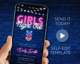 Digital Girls Night Out Invitation - Neon Party Mobile Invite - Electronic Party Evite - Animated Template - All Text Editable