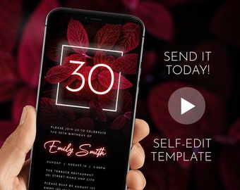 Invitation de fête d'anniversaire numérique 30 - Invitation mobile de fleurs au néon - Evite de fête électronique - Modèle animé - Tout le texte modifiable - Tout âge