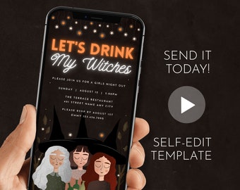 Digital Let's Drink My Witches Invitation - Cute Party Mobile Invite - Electronic Party Evite - Animated Template - All Text Editable