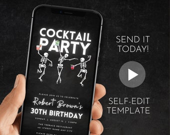 Invitation numérique - Cocktail Party Invite - Invitation d'anniversaire - Evite électronique - Modèle d'invitation animée - Tout le texte modifiable