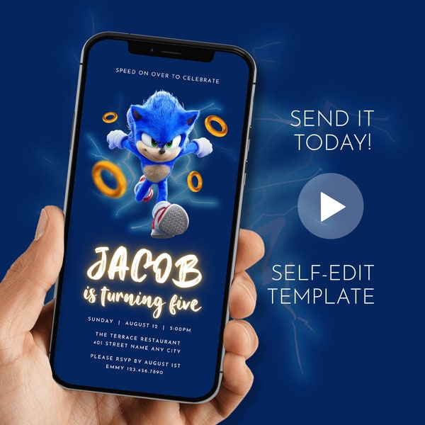 Digital Sonic Birthday Invitation - Editable Invite Template - Animated Party Invitation - Electronic Invitation - Instant Access