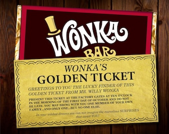 Boleto dorado editable - Plantilla imprimible - Artículos para la fiesta de Willy Wonka - Envoltura de barra Wonka incluida - Se adapta a Hershey XL 4.4oz