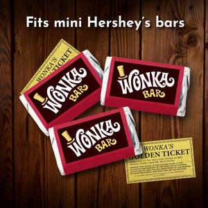 May include: Three miniature chocolate bars wrapped in red and silver foil with a golden label that reads "Wonka Bar". A yellow ticket with the text "Wonka's Golden Ticket" is visible in the bottom right corner.